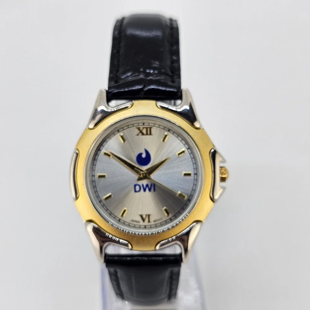 Men's Analog Dress Watch 37MM Light Gold Dial Black Leather Bands New Battery